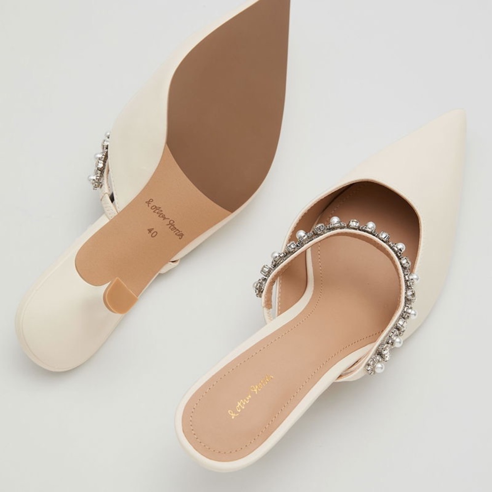 & Other Stories Cream Heeled Mules with Pearl Embellishments